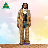 Cardboard cutout of a person wearing a checkered suit with an 'Australian Made' logo in the corner.